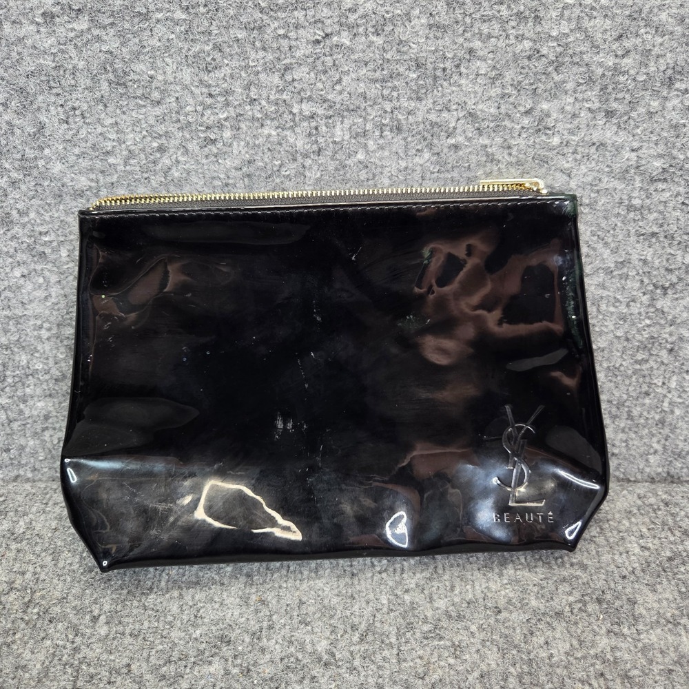YSL BEAUTE Black Patent Cosmetic Makeup Bag Clutch Zip Accent Yves Saint Laurent